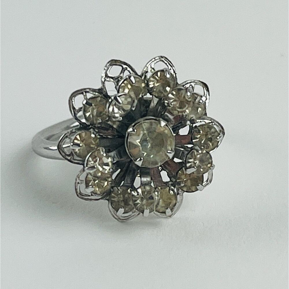 SARAH COVENTRY Rhinestone Flower Ring Silver Tone Vintage Signed Tiered Layered